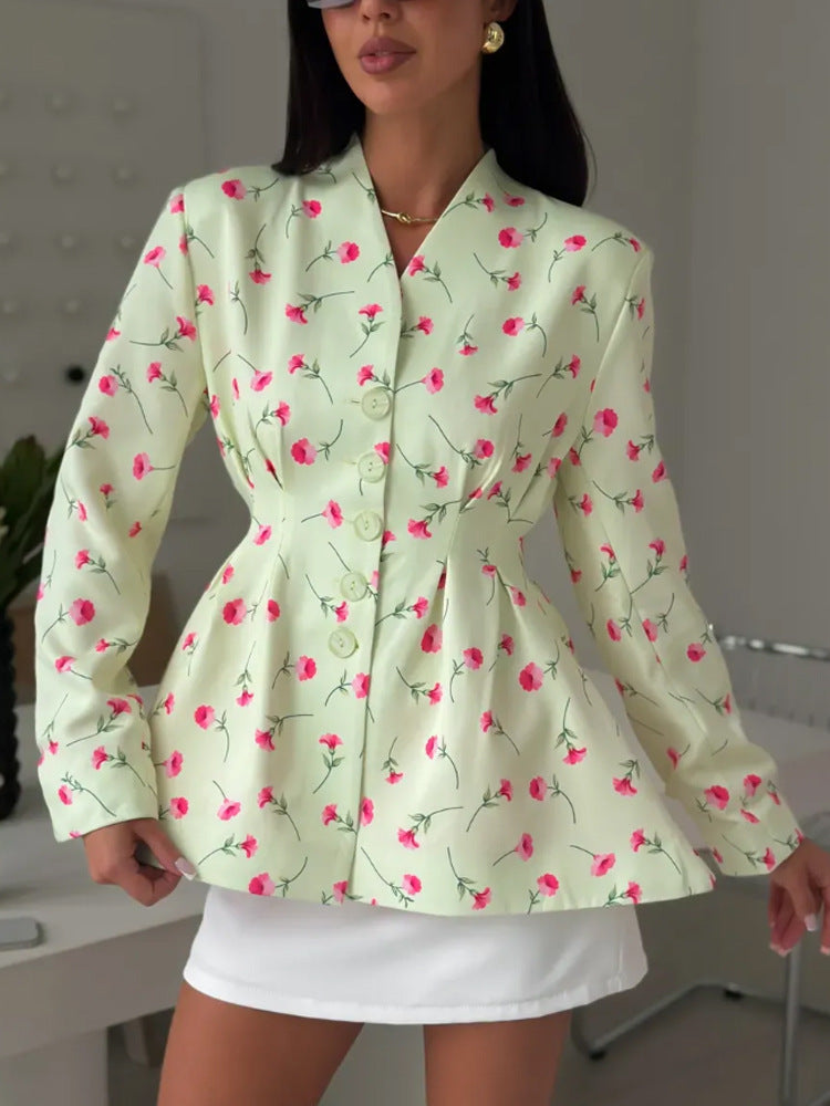 Women's fitted blazer with peplum, decorative buttons and floral pattern EVA-US
