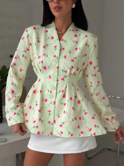 Women's fitted blazer with peplum, decorative buttons and floral pattern EVA-US