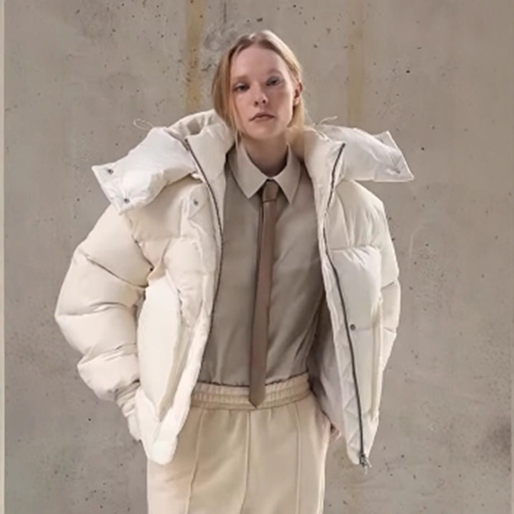 Women Oversized Padded Puffer Jacket with extra high Stand-Up Collar, double front zipper and boxy silhouette EVA-US