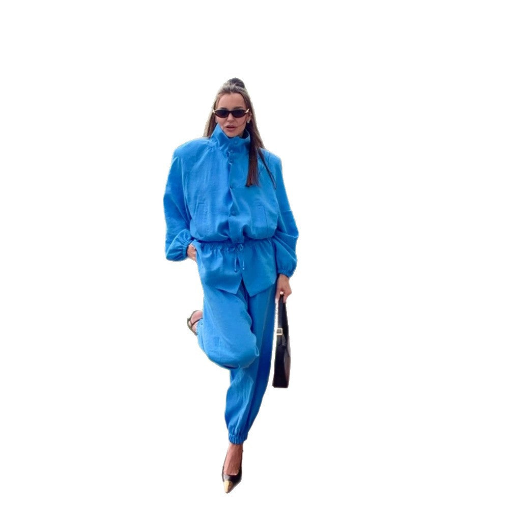 Women's lightweight casual jogging set with drawstring, stand-up collar, and elastic waistband EVA-US