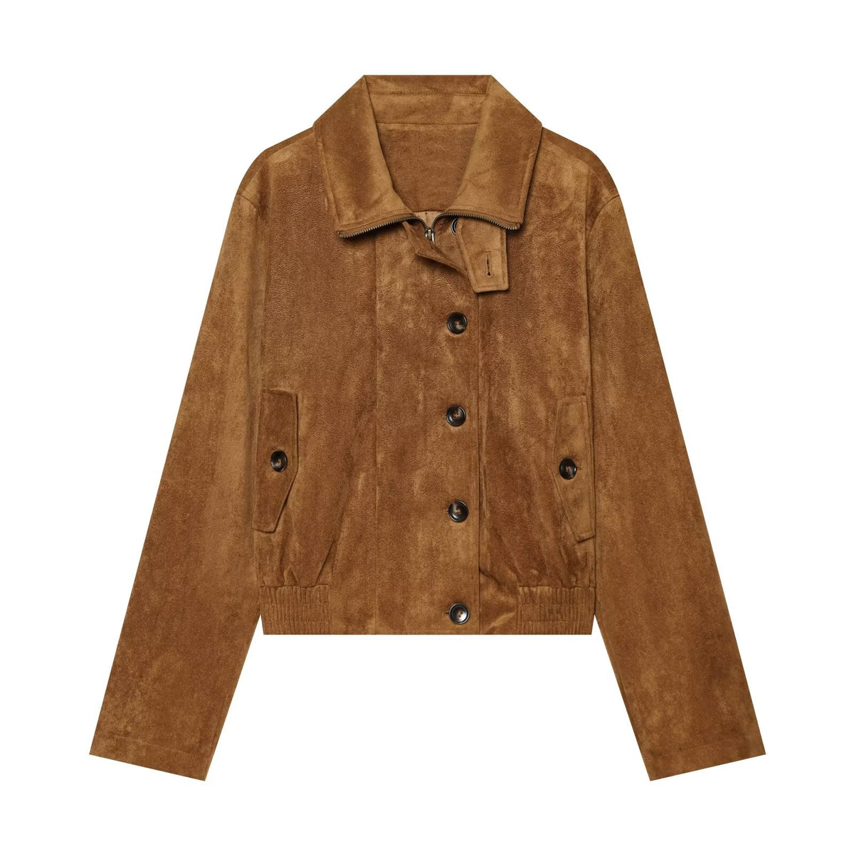 Women's short blouse jacket made of velour suede with button placket, concealed zipper, and elastic hem EVA-US