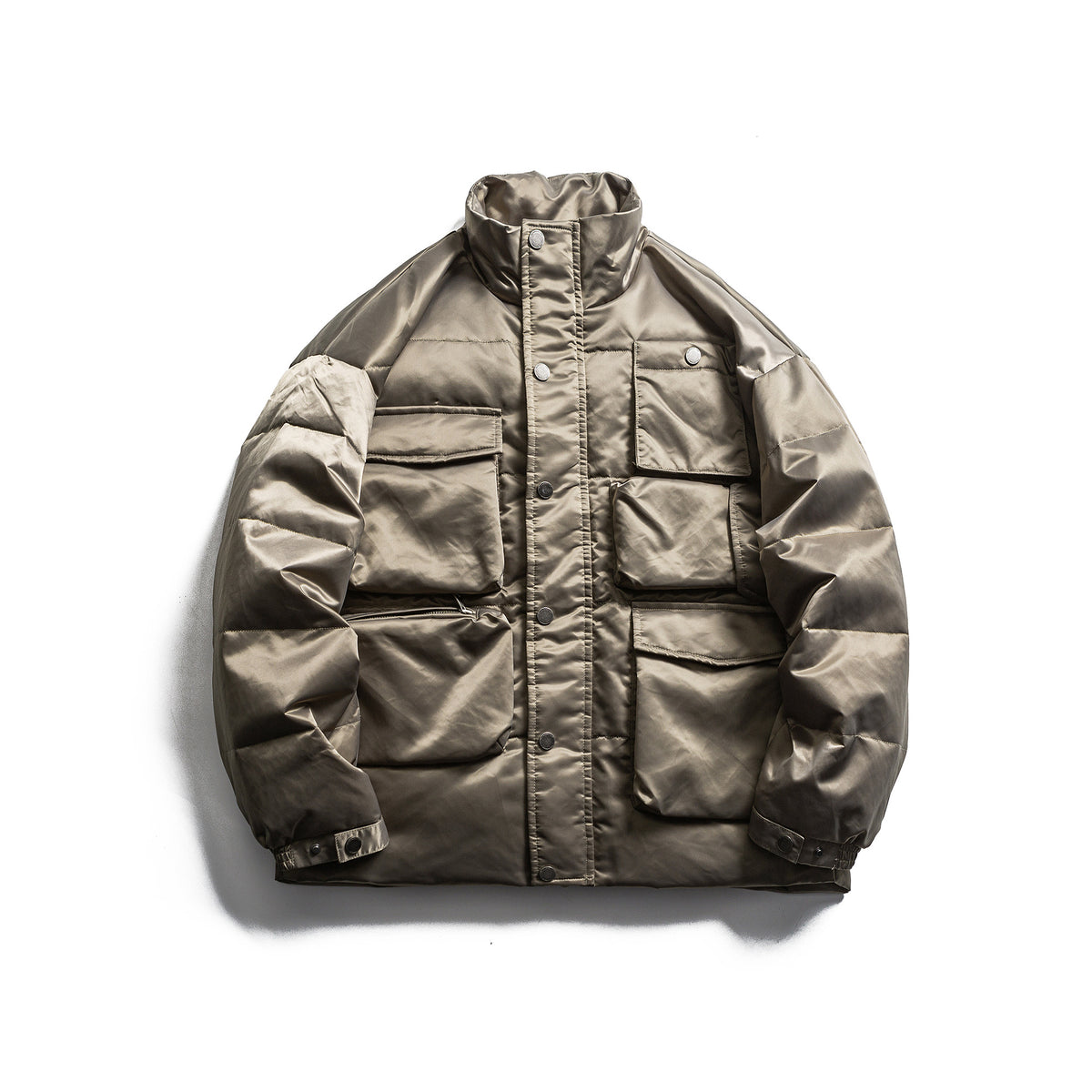 Men's Boxy Insulation Jacket in Field Style with Cargo Pockets and High Standing Collar EVA-US