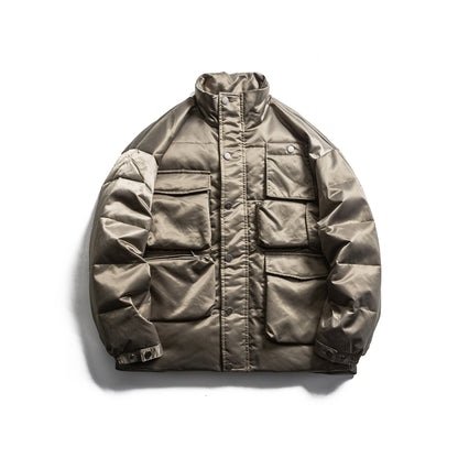 Men's Boxy Insulation Jacket in Field Style with Cargo Pockets and High Standing Collar EVA-US