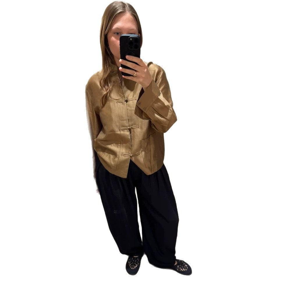 Women's Chinese-inspired tunic shirt with stand collar, knot closures & crinkle texture EVA-US