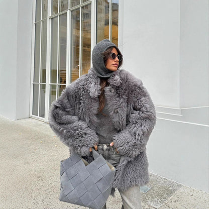 Women's Short Oversize Faux Fur Coat with Voluminous Curly Texture and Button Closure EVA-US