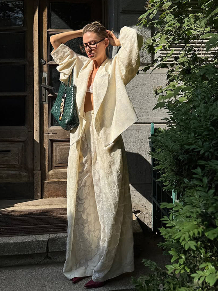 Women's Two-Piece Jacquard Pants Set with Oversize Boxy Blazer and High-Cut Palazzo Pants EVA-US
