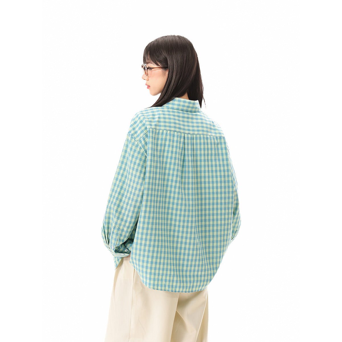 Women Oversize Shirt Blouse in Gingham Check with Chest Pocket EVA-US