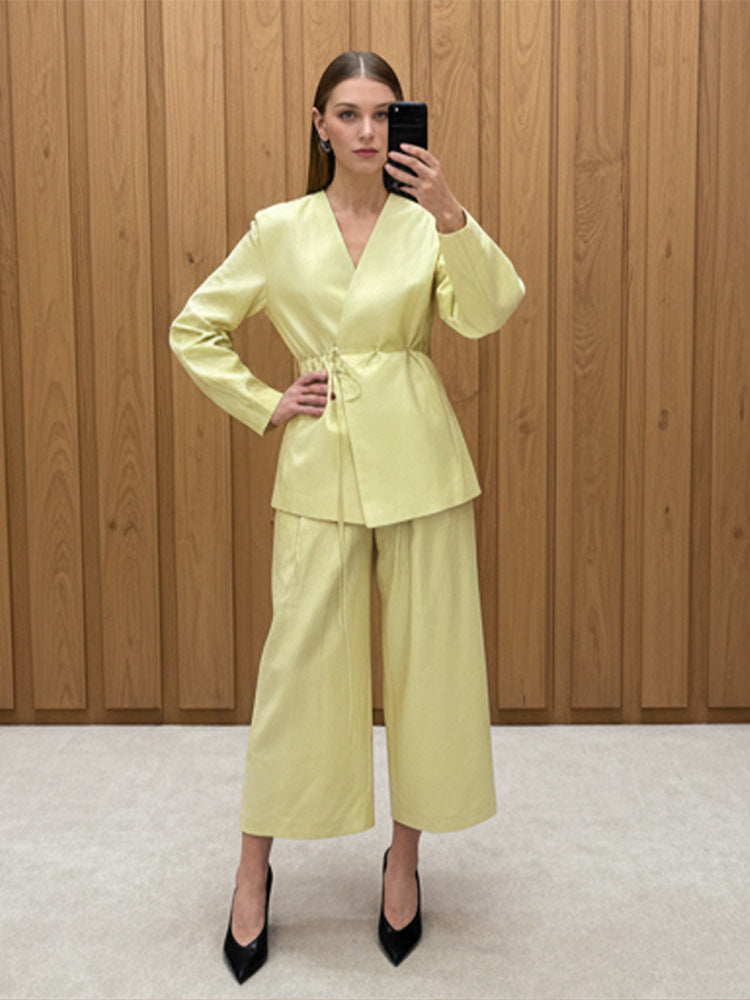 Women's wrap blazer with drawstring and wide culotte pants two-piece EVA-US