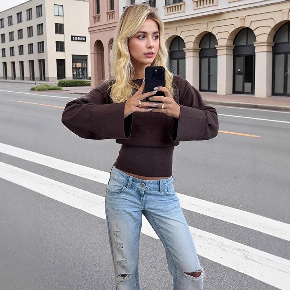Women's Cropped Fine Knit Sweater with Wide Cuff Sleeves and Tailored Ribbed Hem EVA-US