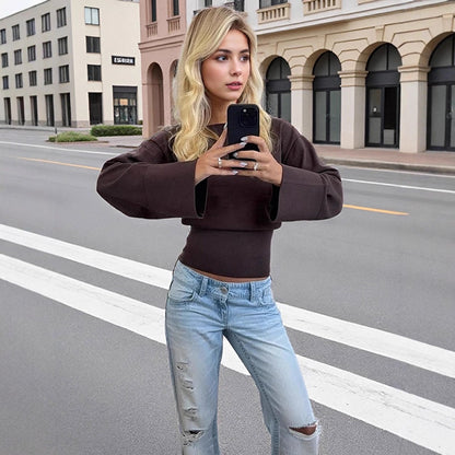 Women's Cropped Fine Knit Sweater with Wide Cuff Sleeves and Tailored Ribbed Hem EVA-US