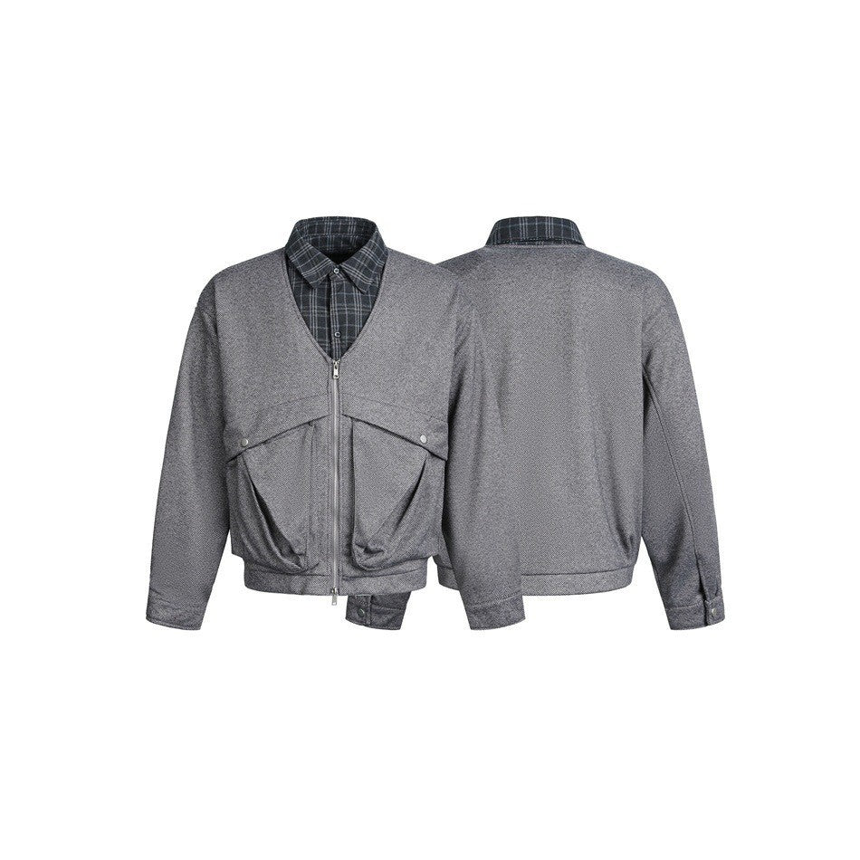 Men's short-cut layered bomber jacket with V-neck and flap pockets EVA-US