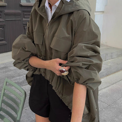 Women's Oversize Utility Hooded Jacket with Drawstring, Flap Pockets and Elastic Cuffs EVA-US