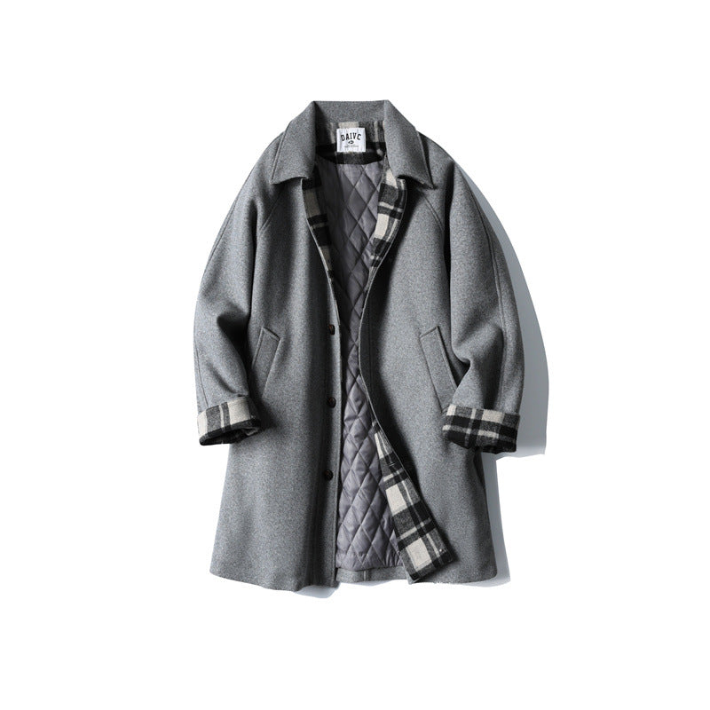 Men's Wool Blend Coat with Checked Lining, Raglan Sleeves and Classic Shirt Collar EVA-US