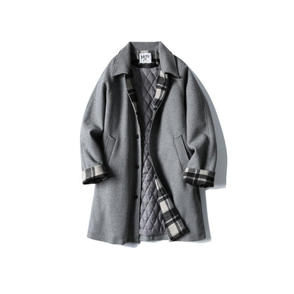 Men's Wool Blend Coat with Checked Lining, Raglan Sleeves and Classic Shirt Collar EVA-US