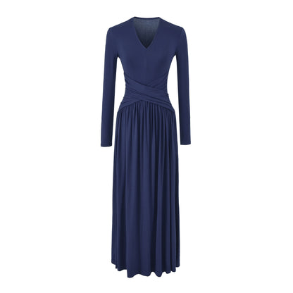Women's V-Neck Maxi Wrap Dress Made of Jersey with Gathered Waist Section EVA-US