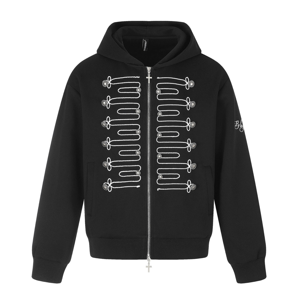 Unisex Hooded Zip Jacket in Military Style with Decorative Cord Application and Cross Zipper EVA-US