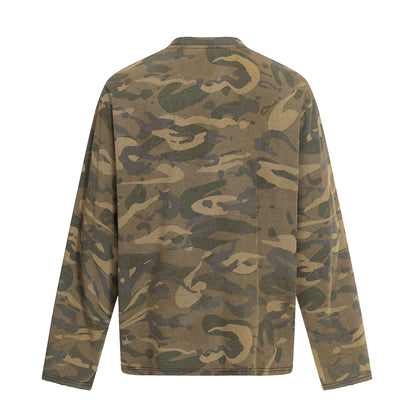 Men's camouflage long-sleeve shirt in used look with round neck and vintage print EVA-US