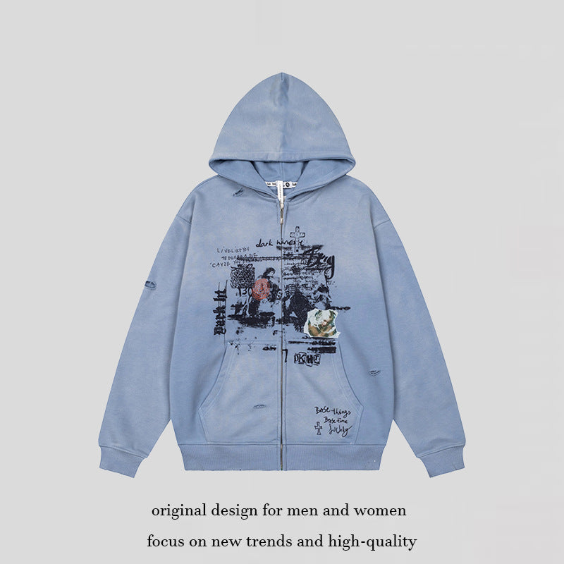 Unisex Oversize Hoodie with Zipper, Used Effect, Vintage Print and Kangaroo Pockets EVA-US