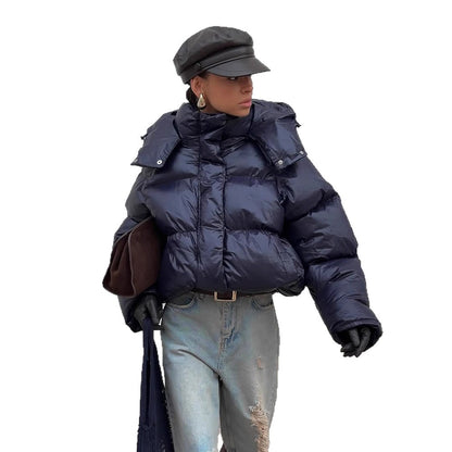 Ladies short cut glossy oversized quilted jacket with high collar EVA-US