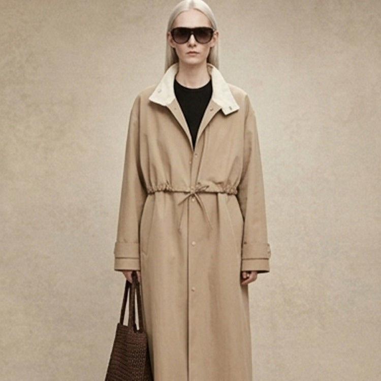 Women's Tailored Coat in Trench Coat Style with Drawstring Waist and Contrast Collar EVA-US