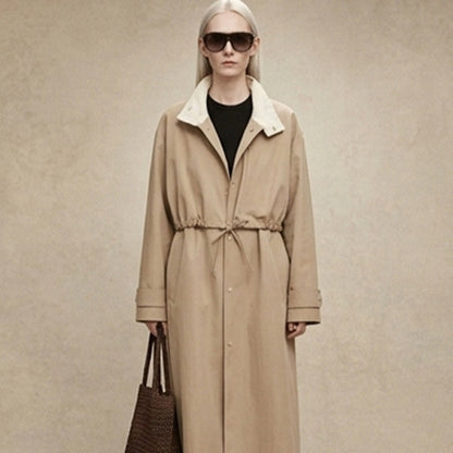 Women's Tailored Coat in Trench Coat Style with Drawstring Waist and Contrast Collar EVA-US