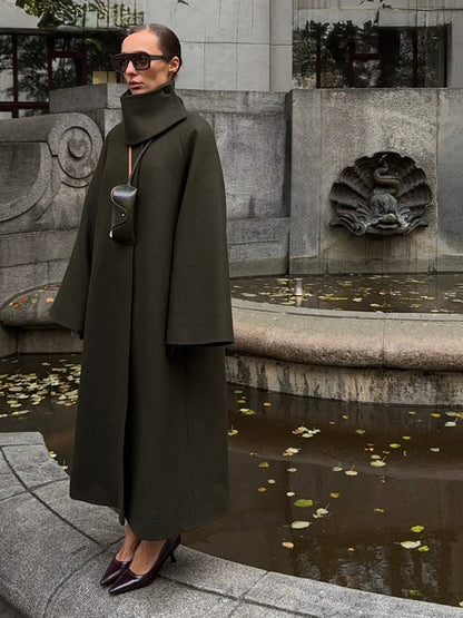 Women Maxilength Oversize Wool Blend Coat with Oversized Stand Collar and Balloon-like Sleeves EVA-US
