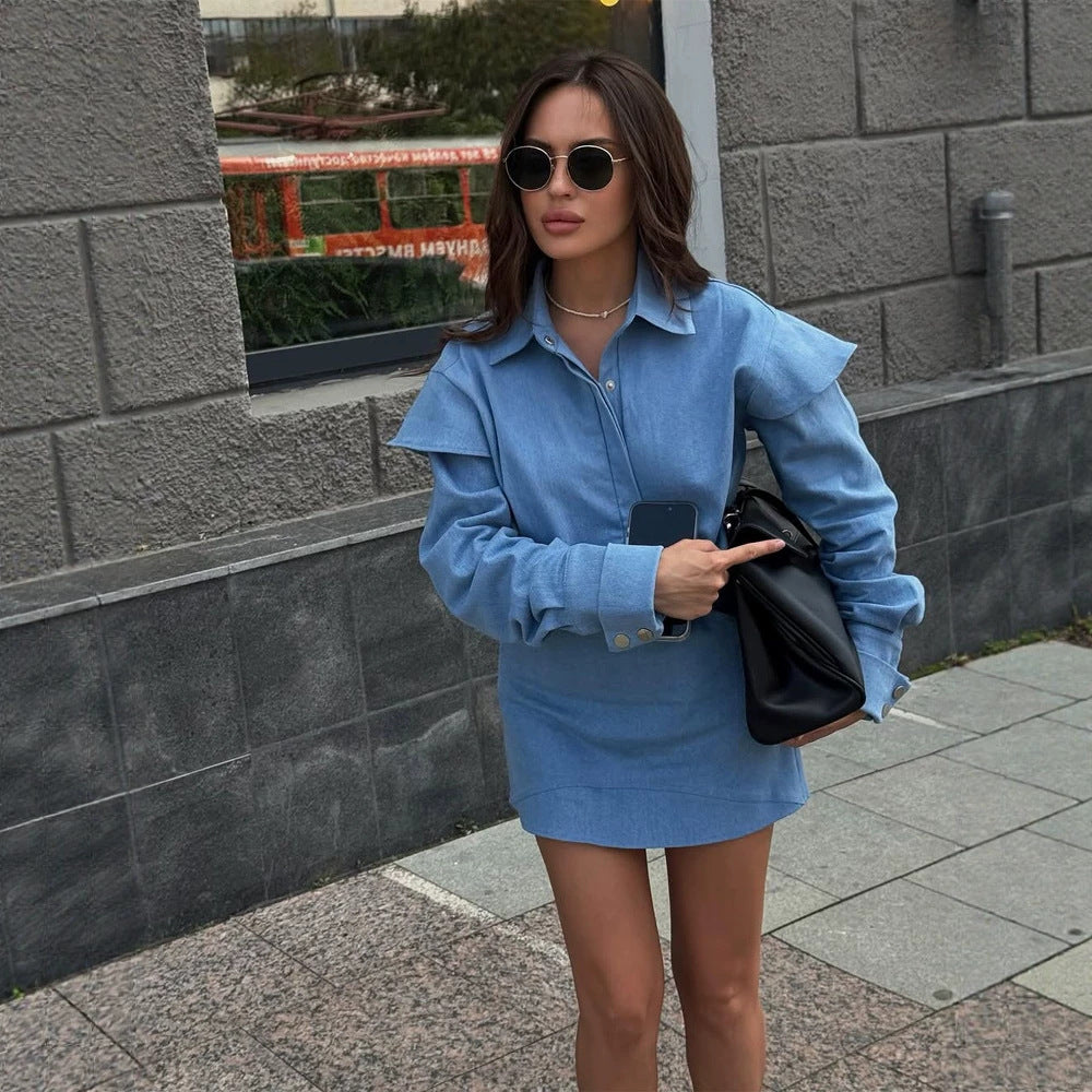 Women's Two-Piece Denim Set with Oversized Shirt Jacket and Mini Skirt EVA-US