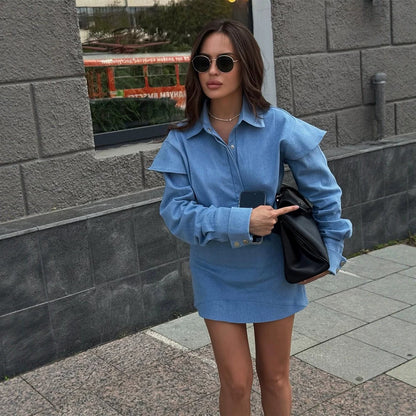 Women's Two-Piece Denim Set with Oversized Shirt Jacket and Mini Skirt EVA-US