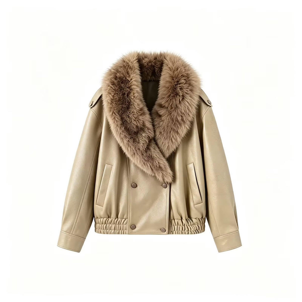 Women's Faux Leather Bomber Jacket with Large Faux Fur Collar EVA-US