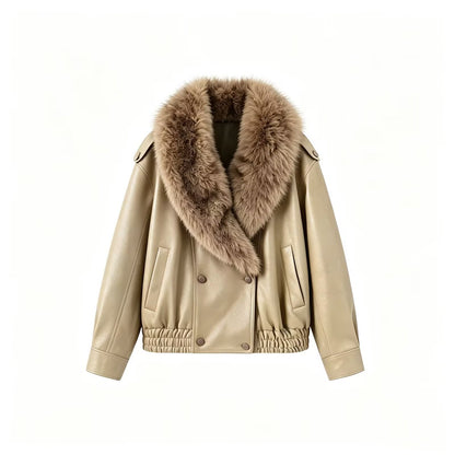 Women's Faux Leather Bomber Jacket with Large Faux Fur Collar EVA-US