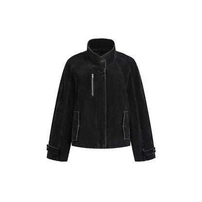 Women's short cord jacket in boxy cut with stand-up collar, zip chest pocket and adjustable cuffs EVA-US