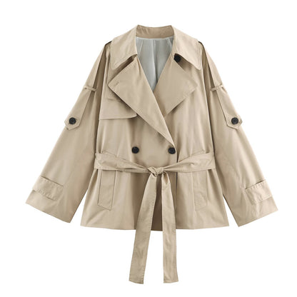 Women's short lightweight trench coat with tie belt, dropped shoulders and double button placket EVA-US