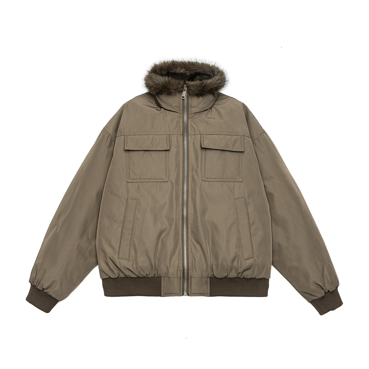 Men's Quilted Short Bomber Jacket with Removable Faux Fur Hood and Patch Front Pockets EVA-US