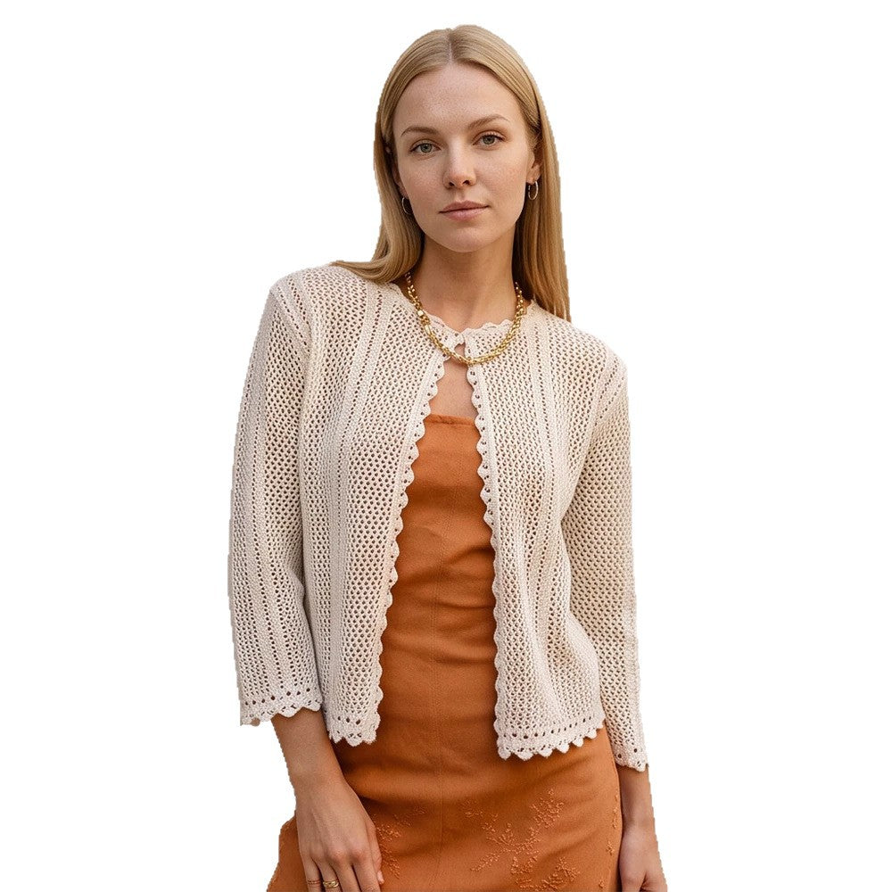 Women's crocheted short jacket with wavy hem, open front & 3/4 sleeves EVA-US