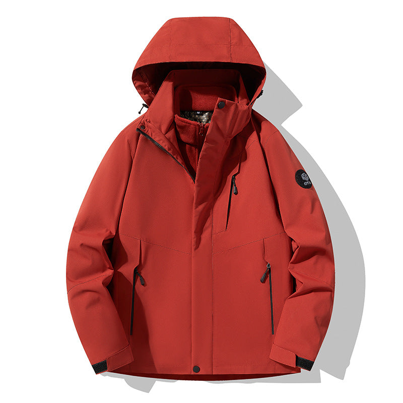 Men's three-layer breathable softshell trekking jacket with integrated fleece collar and adjustable hood EVA-US