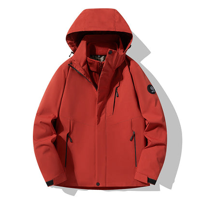 Men's three-layer breathable softshell trekking jacket with integrated fleece collar and adjustable hood EVA-US