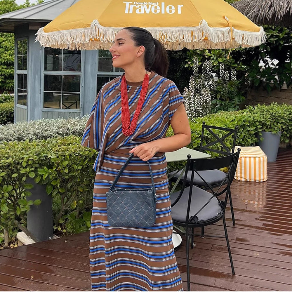 Women Striped Maxi Dress with Asymmetric Cape Sleeves & Tailored Silhouette EVA-US