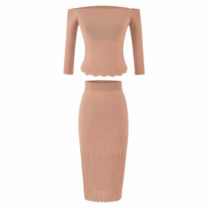 Women's Two-Piece Knit Set with off-the-shoulder Neckline and Bodycon Pencil Skirt EVA-US