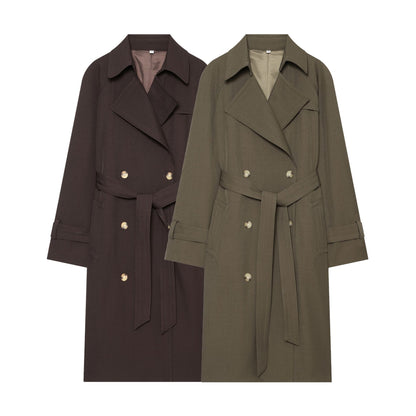 Women Mid-length Double-breasted Trench Coat with Wide Lapels and Waist Tie Belt EVA-US