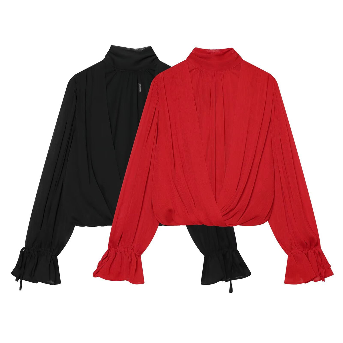 Women's chiffon blouse with tie, standing collar, and gathered balloon sleeves EVA-US