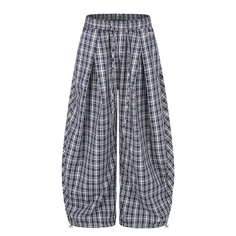Women Wide Harem Balloon Pants with Elastic Waistband, Drawstring and Check Pattern EVA-US