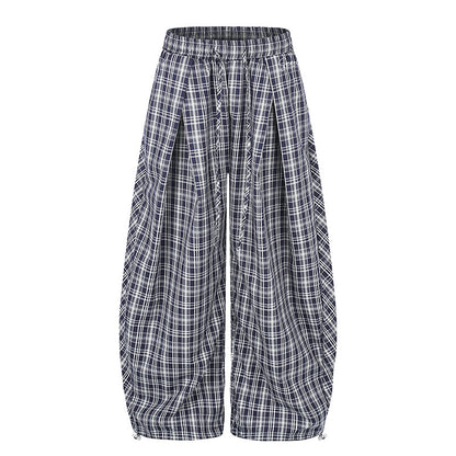 Women Wide Harem Balloon Pants with Elastic Waistband, Drawstring and Check Pattern EVA-US