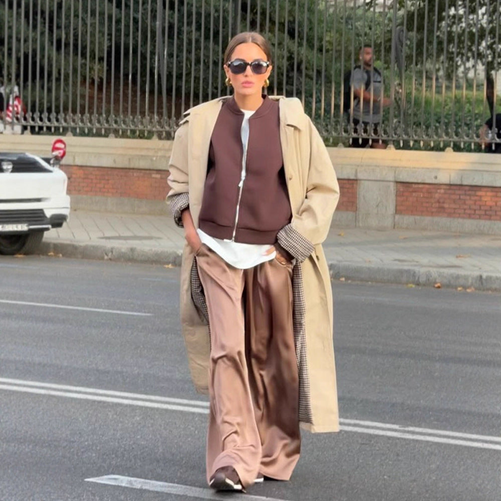 Women's maxi-length trench coat with check lining, wide fall & classic button placket