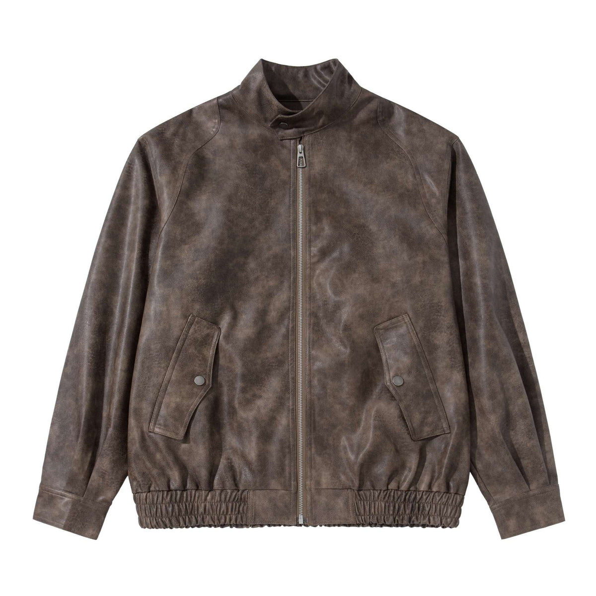 Men's vintage-inspired faux leather bomber jacket with funnel collar, flap pockets, and elastic hem EVA-US