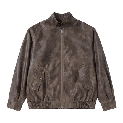 Men's vintage-inspired faux leather bomber jacket with funnel collar, flap pockets, and elastic hem EVA-US