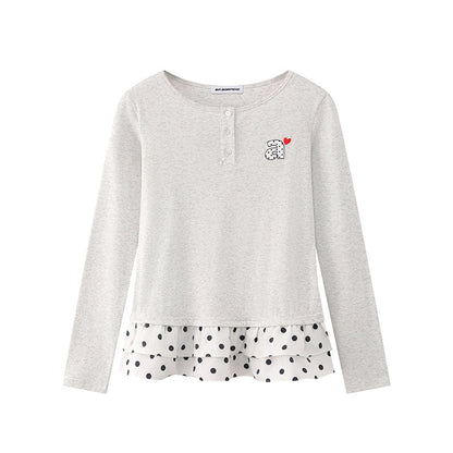 Women's Long Sleeve Henley Layering Top with Ruffle Underlay and Heart Patch EVA-US