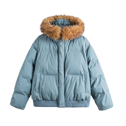 Women's short cropped quilted jacket with faux fur hood and elastic hem EVA-US