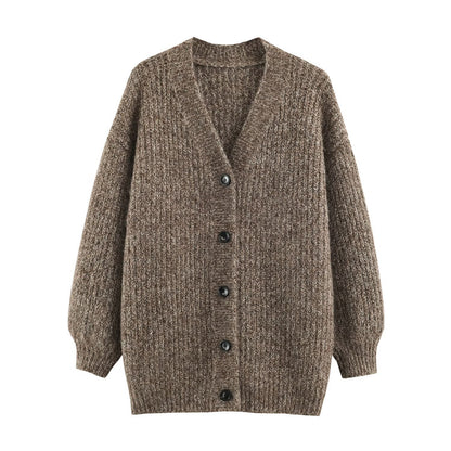 Women Oversized Chunky Knit Cardigan with Deep V-Neck, Ribbed Texture and Balloon Sleeves EVA-US