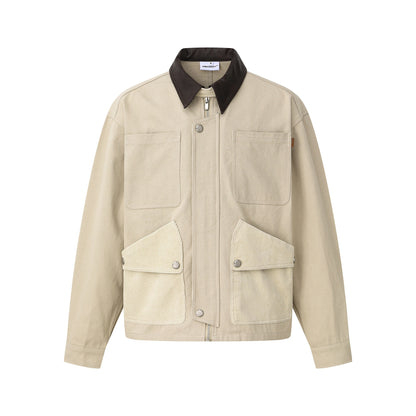 Men's short jacket in field style with cord utility pockets and contrasting leather collar EVA-US