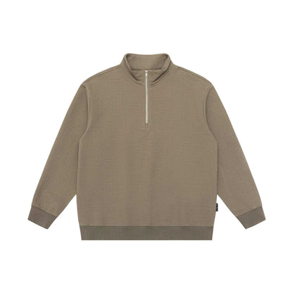 Unisex Structured Waffle Knit Half Zip Pullover with Stand Collar and Ribbed Cuffs EVA-US